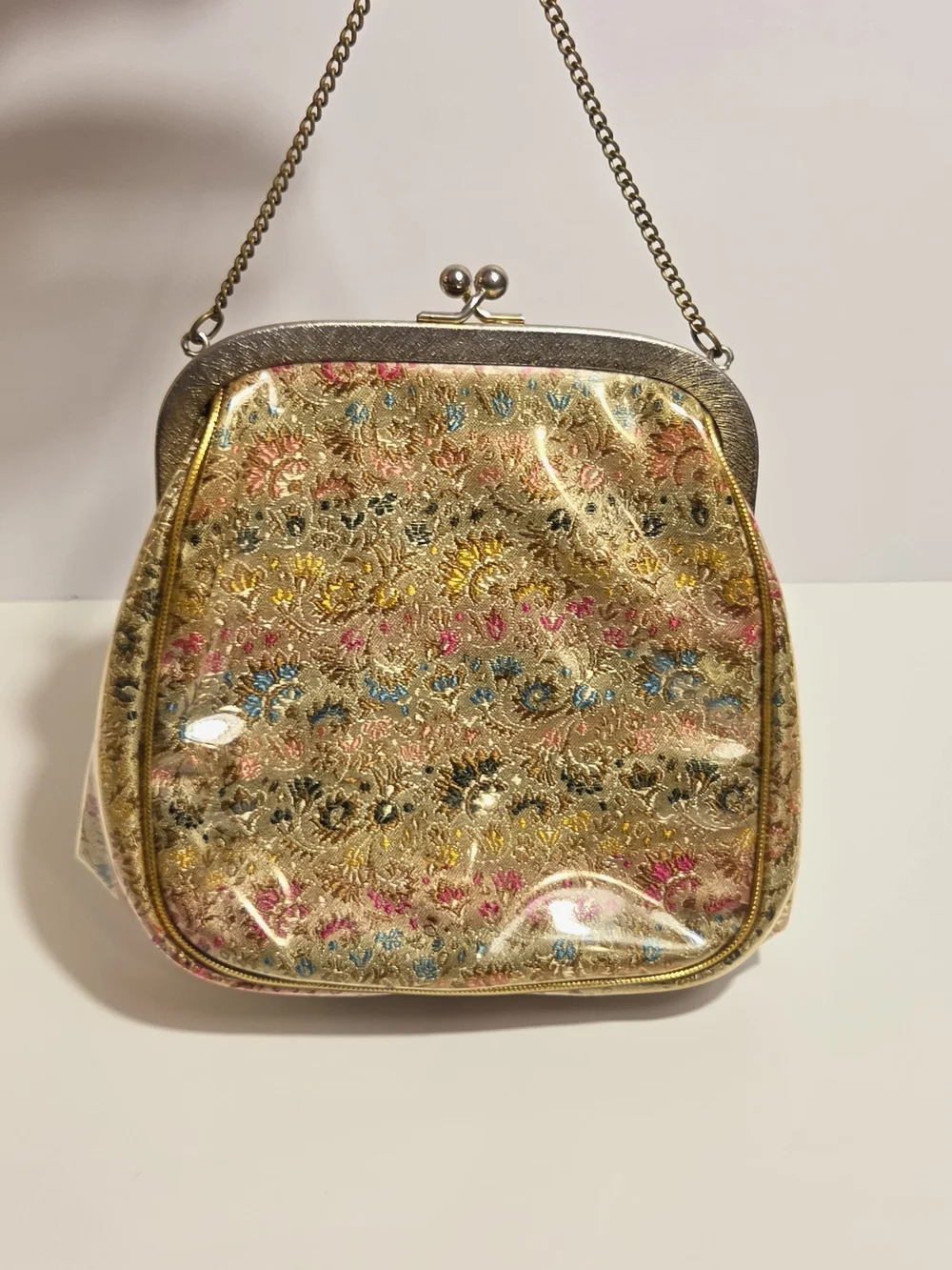 Julius Resnick Vintage Vinyl Embroidered Gold Tone Frame-Top Womens Bag